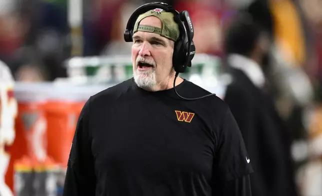 Washington Commanders head coach Dan Quinn during the second half of an NFL football game against the Seattle Seahawks, Sunday, Nov. 2, 2025, in Landover, Md. (AP Photo/Nick Wass)