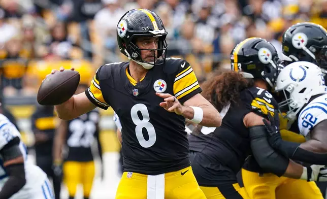 Pittsburgh Steelers quarterback Aaron Rodgers (8) throws against the Indianapolis Colts during the first half of an NFL football game in Pittsburgh, Sunday, Nov. 2, 2025. (AP Photo/Matt Freed)