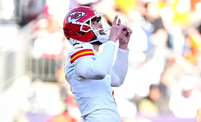 Kansas City Chiefs place kicker Harrison Butker celebrates making a 31-yard field goal during the first half an NFL football game against the Denver Broncos Sunday, Nov. 16, 2025, in Denver. (AP Photo/Jack Dempsey)