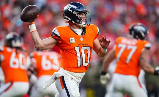 Denver Broncos quarterback Bo Nix throws during the second half an NFL football game against the Kansas City Chiefs Sunday, Nov. 16, 2025, in Denver. (AP Photo/Jack Dempsey)