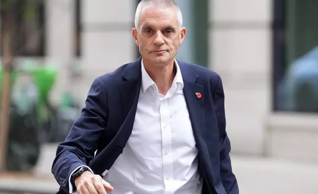 Outgoing BBC Director-General Tim Davie outside BBC Broadcasting House in London, Tuesday Nov. 11, 2025. (Lucy North/PA via AP)