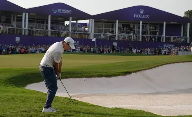 Matt Fitzpatrick of England putts on the 18th green during the final round of World Tour Golf Championship in Dubai, United Arab Emirates, Sunday, Nov. 16, 2025. (AP Photo/Altaf Qadri)