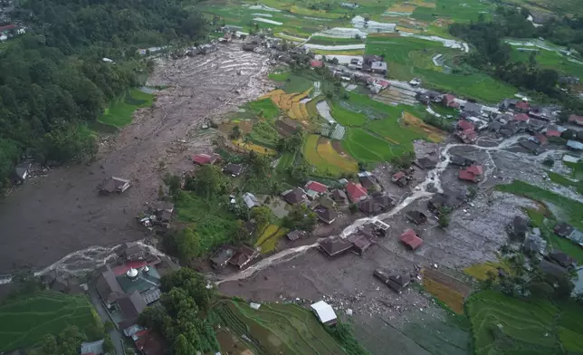 This aerial photo taken using a drone shows a village devastated by a flood in Malalak, West Sumatra, Indonesia, Friday, Nov. 28, 2025. (AP Photo/Nazar Chaniago)