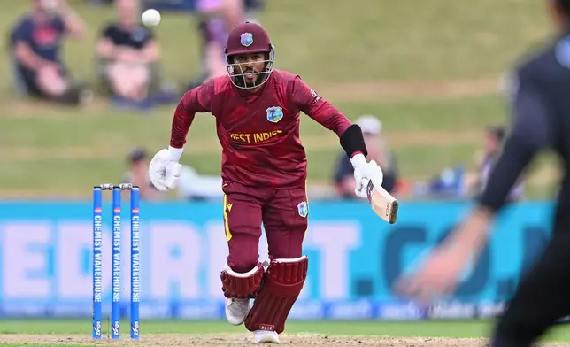 West Indies' Shai Hope bats against New Zealand during their One Day International cricket match in Napier, New Zealand, Wednesday Nov. 19, 2025. (Kerry Marshall/Photosport via AP)