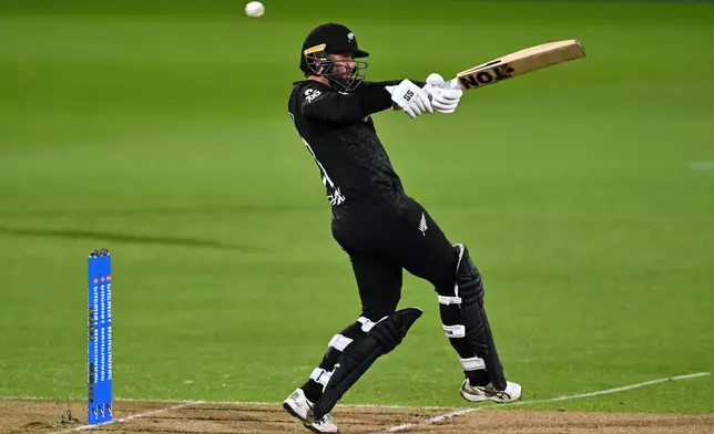 New Zealand's Devon Conway bats against the West Indies during their One Day International cricket match in Napier, New Zealand, Wednesday Nov. 19, 2025. (Kerry Marshall/Photosport via AP)