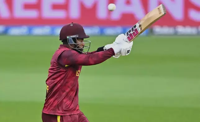 West Indies' Shai Hope bats against New Zealand during their One Day International cricket match in Napier, New Zealand, Wednesday Nov. 19, 2025. (Kerry Marshall/Photosport via AP)