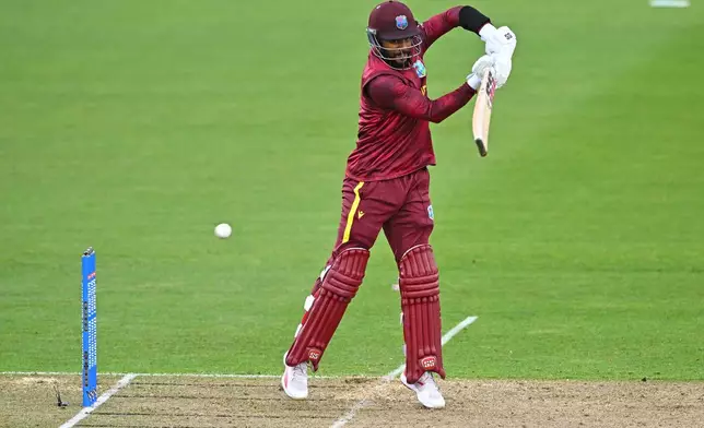 West Indies' Shai Hope bats against New Zealand during their One Day International cricket match in Napier, New Zealand, Wednesday Nov. 19, 2025. (Kerry Marshall/Photosport via AP)