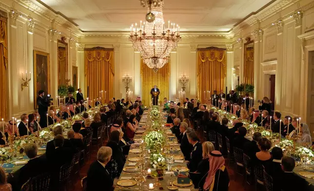 President Donald Trump speaks during a dinner with Saudi Arabia's Crown Prince Mohammed bin Salman in the East Room of the White House, Tuesday, Nov. 18, 2025, in Washington. (AP Photo/Alex Brandon)