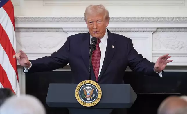 President Donald Trump speaks during a breakfast with Senate and House Republicans in the State Dining Room of the White House, Wednesday, Nov. 5, 2025, in Washington. (AP Photo/Evan Vucci)