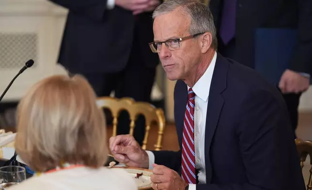 Senate Majority Leader John Thune, R-S.D., attends a breakfast with other Senate Republicans in the State Dining Room of the White House, Wednesday, Nov. 5, 2025, in Washington. (AP Photo/Evan Vucci)