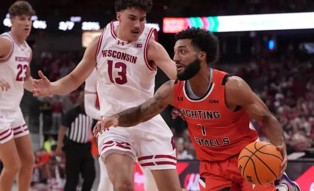 Campbell's Cam Gregory gets past Wisconsin's Hayden Jones during the first half of an NCAA college basketball game Monday, Nov. 3, 2025, in Madison, Wis. (AP Photo/Morry Gash)