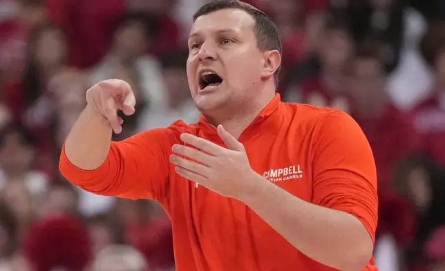 Campbell head coach John Andrzejek reacts during the first half of an NCAA college basketball game Monday, Nov. 3, 2025, in Madison, Wis. (AP Photo/Morry Gash)
