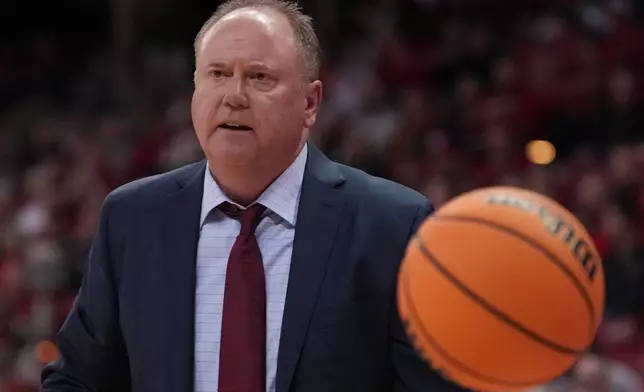 Wisconsin head coach Greg Gard reacts during the first half of an NCAA college basketball game Monday, Nov. 3, 2025, in Madison, Wis. (AP Photo/Morry Gash)