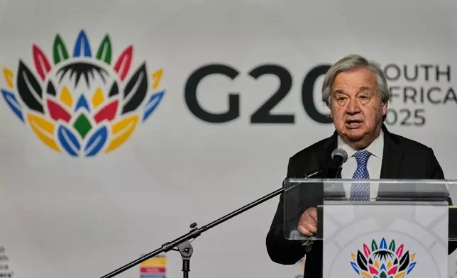 United Nations Secretary-General António Guterres addresses a media conference on the eve of the G20 Summit in Johannesburg, South Africa, Friday, Nov. 21, 2025. (AP Photo/Themba Hadebe)