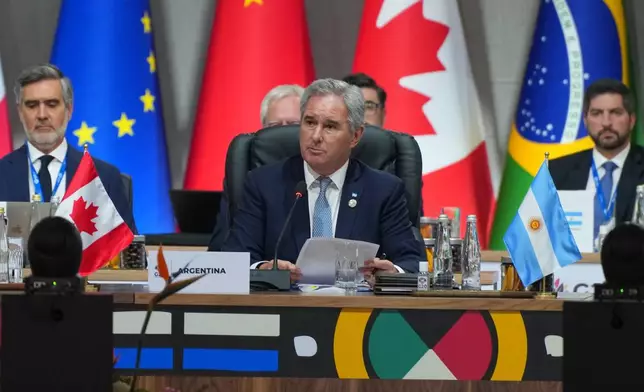 Argentine Foreign Minister Pablo Quirno addresses the opening session of the G20 leaders' summit in Johannesburg, South Africa, Saturday, Nov. 22, 2025. (AP Photo/Misper Apawu,Pool)