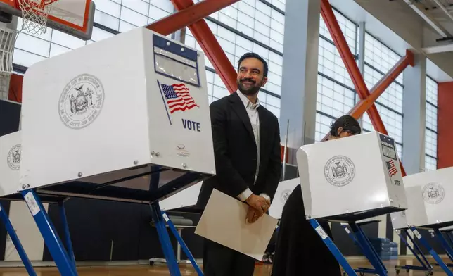 New York mayoral candidate Zohran Mamdani votes at a voting site on Tuesday, Nov. 4, 2025, in New York. (AP Photo/Olga Fedorova)