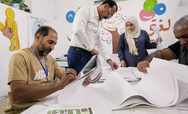 Election workers count ballots at the end of a special voting session ahead of Tuesday's parliamentary election in Baghdad, Iraq, Sunday, Nov. 9, 2025. (AP Photo/Hadi Mizban)