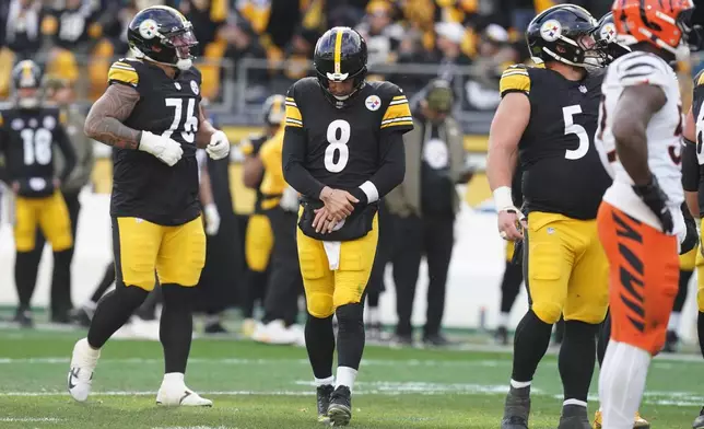 Pittsburgh Steelers quarterback Aaron Rodgers (8) holds his arm after a hit by the Cincinnati Bengals during the first half of an NFL football game Sunday, Nov. 16, 2025, in Pittsburgh. (AP Photo/Matt Freed)
