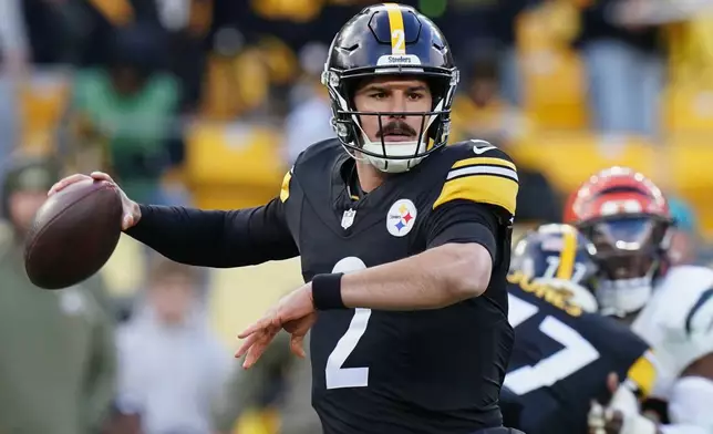 Pittsburgh Steelers quarterback Mason Rudolph (2) throws against the Cincinnati Bengals during the second half of an NFL football game Sunday, Nov. 16, 2025, in Pittsburgh. (AP Photo/Matt Freed)