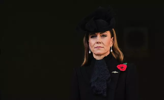 Britain's Kate, Princess of Wales, attends the Remembrance Sunday Service at the Cenotaph in London, Sunday, Nov. 9, 2025.(AP Photo/Alastair Grant, Pool)