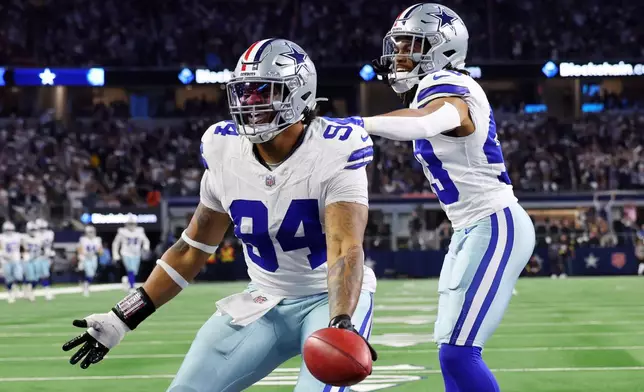 Dallas Cowboys defensive end Marshawn Kneeland (94) celebrates with Malik Davis (43), after he recovered a blocked punt for a touchdown in the first half of an NFL football game against the Arizona Cardinals first half of an NFL football game Monday, Nov. 3, 2025, in Arlington, Texas. (AP Photo/Richard Rodriguez)