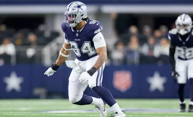FILE - Dallas Cowboys defensive end Marshawn Kneeland (94) rushes during a NFL football game against the Washington Commanders, Sunday, Jan. 5, 2025, in Arlington, Texas. (AP Photo/Gareth Patterson, File)