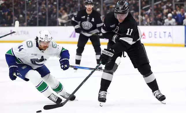 Los Angeles Kings center Anze Kopitar (11) passes the puck against Vancouver Canucks left wing Kiefer Sherwood (44) as Los Angeles Kings right wing Adrian Kempe, back center, watches during the second period of an NHL hockey game, Saturday, Nov. 29, 2025, in Los Angeles. (AP Photo/Jessie Alcheh)
