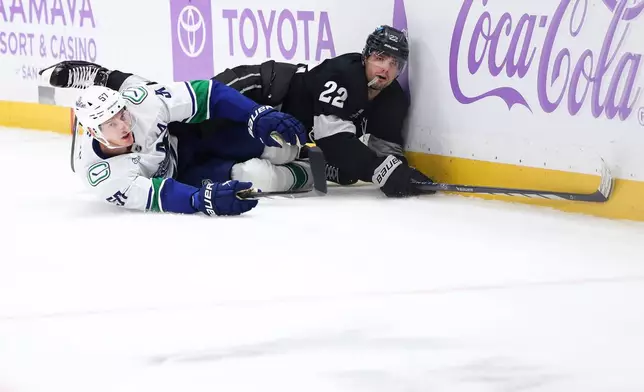 Los Angeles Kings left wing Kevin Fiala (22) and Vancouver Canucks defenseman Tyler Myers (57) look on from the ice during the second period of an NHL hockey game, Saturday, Nov. 29, 2025, in Los Angeles. (AP Photo/Jessie Alcheh)