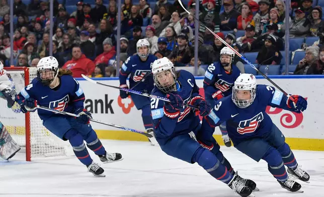 United States players skate out of the offensive zone during the first period of a Rivalry Series women's hockey game against Canada, Saturday, Nov. 8, 2025, in Buffalo, N.Y. (AP Photo/Adrian Kraus)
