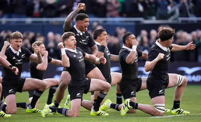 New Zealand's Cody Taylor leads the haka ahead of the rugby international between the All Blacks and Ireland in Chicago, Saturday, Nov. 1, 2025. (AP Photo/Erin Hooley)