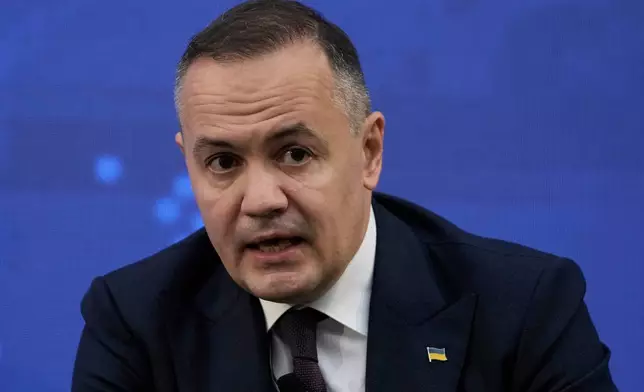 Ukrainian Maxim Timchenko, Chief Executive Officer, DTEK speaks during the Atlantic Council conference, in Athens, Greece, Thursday, Nov. 6, 2025. (AP Photo/Thanassis Stavrakis)