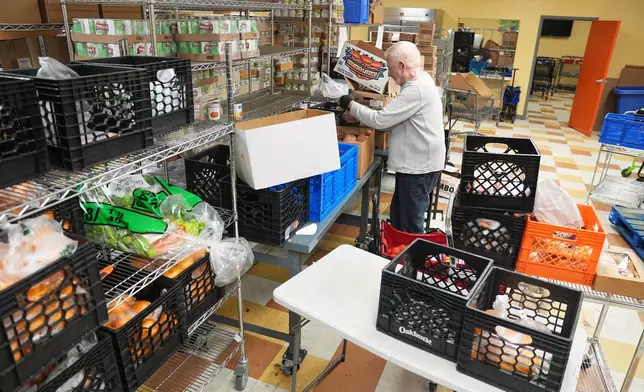 Volunteer Bruce Toben packs groceries durning an emergency food distribution at the at The Jewish Federation of Greater Philadelphia's Mitzvah Food Program in Philadelphia, Friday, Nov. 7, 2025. (AP Photo/Matt Rourke)