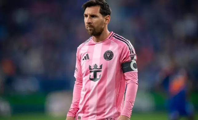 Inter Miami forward Lionel Messi looks on during the first half of MLS soccer's Eastern Conference semifinal against FC Cincinnati, Sunday, Nov. 23, 2025, in Cincinnati. (AP Photo/Tanner Pearson)