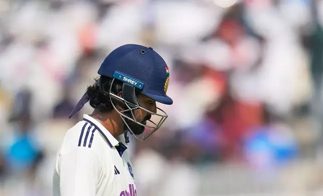 India's KL Rahul walks off the field after losing his wicket on the second day of the first cricket test match between India and South Africa in Kolkata, India, Saturday, Nov. 15, 2025. (AP Photo/Aijaz Rahi)