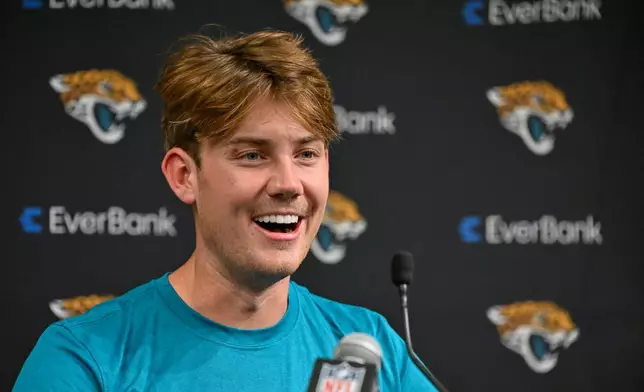 Jacksonville Jaguars place kicker Cam Little speaks to reporters after an NFL football game against the Las Vegas Raiders, Sunday, Nov. 2, 2025, in Las Vegas. (AP Photo/David Becker)