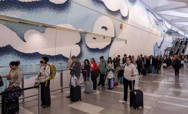 People wait in line at a Transportation Security Administration (TSA) security checkpoint at LaGuardia Airport (LGA) in the Queens borough of New York, Sunday, Nov. 9, 2025. (AP Photo/Adam Gray)