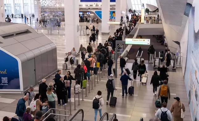 People wait in line at a Transportation Security Administration (TSA) security checkpoint at LaGuardia Airport (LGA) in the Queens borough of New York, Sunday, Nov. 9, 2025. (AP Photo/Adam Gray)