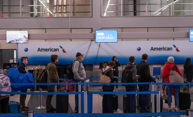 People wait in line to check in to American Airlines flights at Chicago O'Hare International Airport in Chicago, Ill., Sunday, Nov. 9, 2025. (AP Photo/Adam Gray)