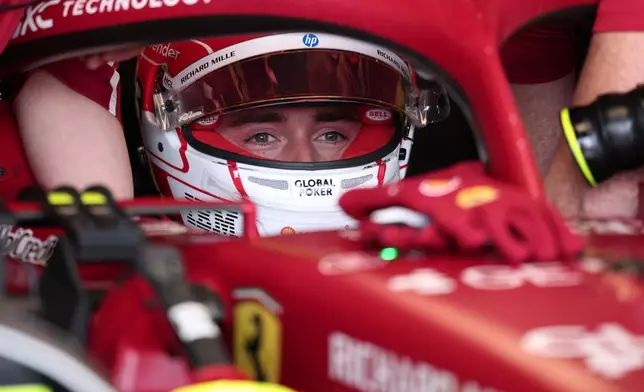 Ferrari driver Charles Leclerc of Monaco prepares for a practice session for the Brazilian Formula One Grand Prix auto race at Interlagos race track in Sao Paulo, Friday,Nov. 7, 2025. (AP Photo/Ettore Chiereguini)