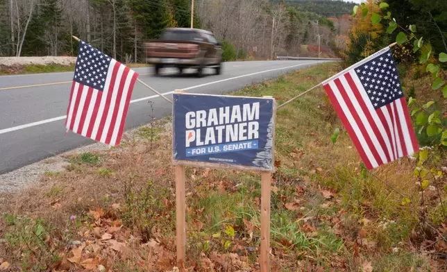 A campaign sign for Graham Platner, Democratic candidate for U.S. Senate, Monday, Nov. 3, 2025, in Sullivan, Maine. (AP Photo/Robert F. Bukaty)