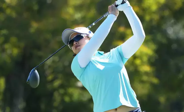 Sei Young Kim of South Korea hits from the third tee during the second round of the LPGA Tour Championship golf tournament, Friday, Nov. 21, 2025, in Naples, Fla. (AP Photo/Marta Lavandier)