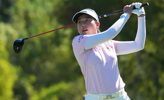 Jeeno Thitikul of Thailand hits from the third tee during the second round of the LPGA Tour Championship golf tournament, Friday, Nov. 21, 2025, in Naples, Fla. (AP Photo/Marta Lavandier)