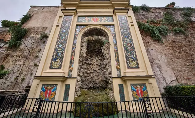 A view of part of the monumental fountain designed by architect Girolamo Rainaldi in the gardens of Palazzo Colonna, or the Colonna Palace, in Rome during a media tour, Friday, Nov. 7, 2025. (AP Photo/Domenico Stinellis)