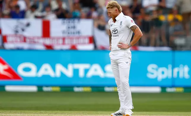 England's captain Ben Stokes reacts in the field on day two of the first Ashes cricket test match between Australia and England in Perth, Saturday, Nov. 22, 2025.(AP Photo/Gary Day)