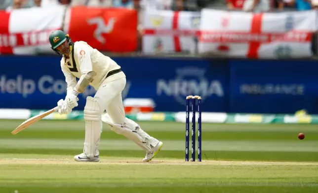 Australia's Nathan Lyon bats on day two of the first Ashes cricket test match between Australia and England in Perth, Saturday, Nov. 22, 2025.(AP Photo/Gary Day)