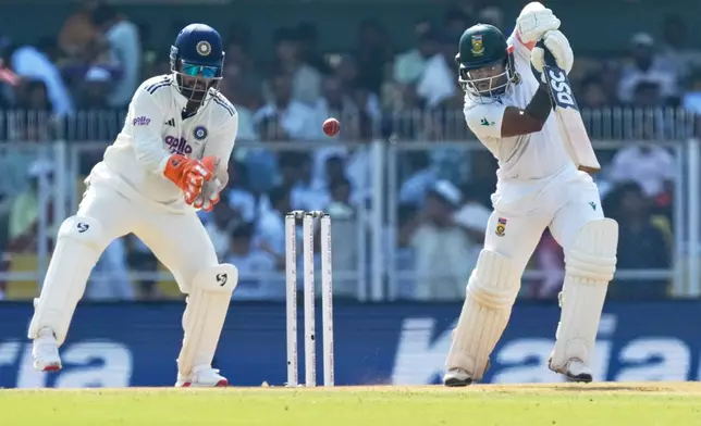 South Africa's captain Temba Bavuma plays a shot on the first day of the second cricket test match between India and South Africa in Guwahati, India, Saturday, Nov. 22, 2025. (AP Photo/Anupam Nath)