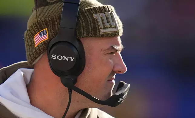 New York Giants interim head coach Mike Kafka watches during the first half of an NFL football game against the Green Bay Packers Sunday, Nov. 16, 2025, in East Rutherford, N.J. (AP Photo/Seth Wenig)
