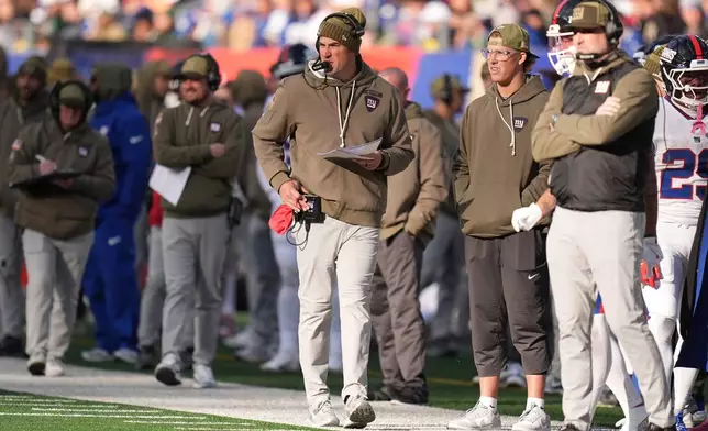 New York Giants interim head coach Mike Kafka is seen on the sideline during the first half of an NFL football game against the Green Bay Packers Sunday, Nov. 16, 2025, in East Rutherford, N.J. (AP Photo/Seth Wenig)
