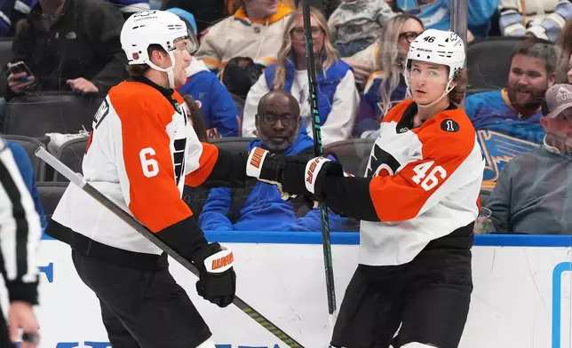 Philadelphia Flyers' Trevor Zegras (46) is congratulated by Travis Sanheim (6) after scoring during the first period of an NHL hockey game against the St. Louis Blues Friday, Nov. 14, 2025, in St. Louis. (AP Photo/Jeff Roberson)