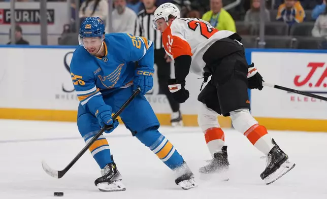 St. Louis Blues' Jordan Kyrou (25) handles the puck as Philadelphia Flyers' Christian Dvorak (22) defends during the first period of an NHL hockey game Friday, Nov. 14, 2025, in St. Louis. (AP Photo/Jeff Roberson)